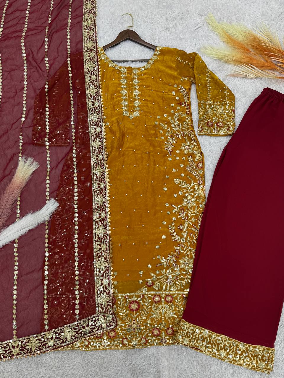 Exclusive Mustard Color Heavy Frendy Silk Beautiful Embroidery And Sequence Work Palazzo Suit