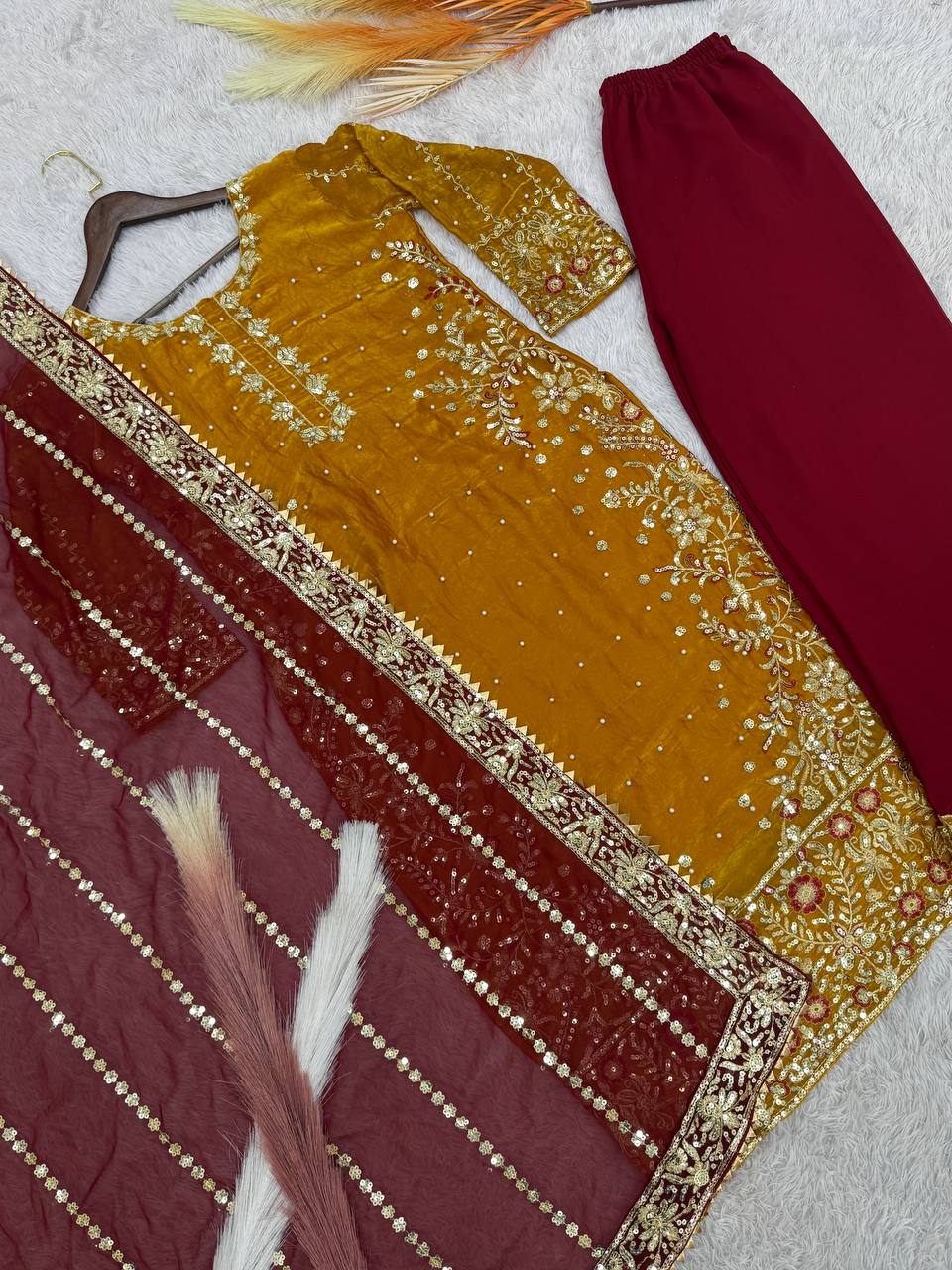 Exclusive Mustard Color Heavy Frendy Silk Beautiful Embroidery And Sequence Work Palazzo Suit