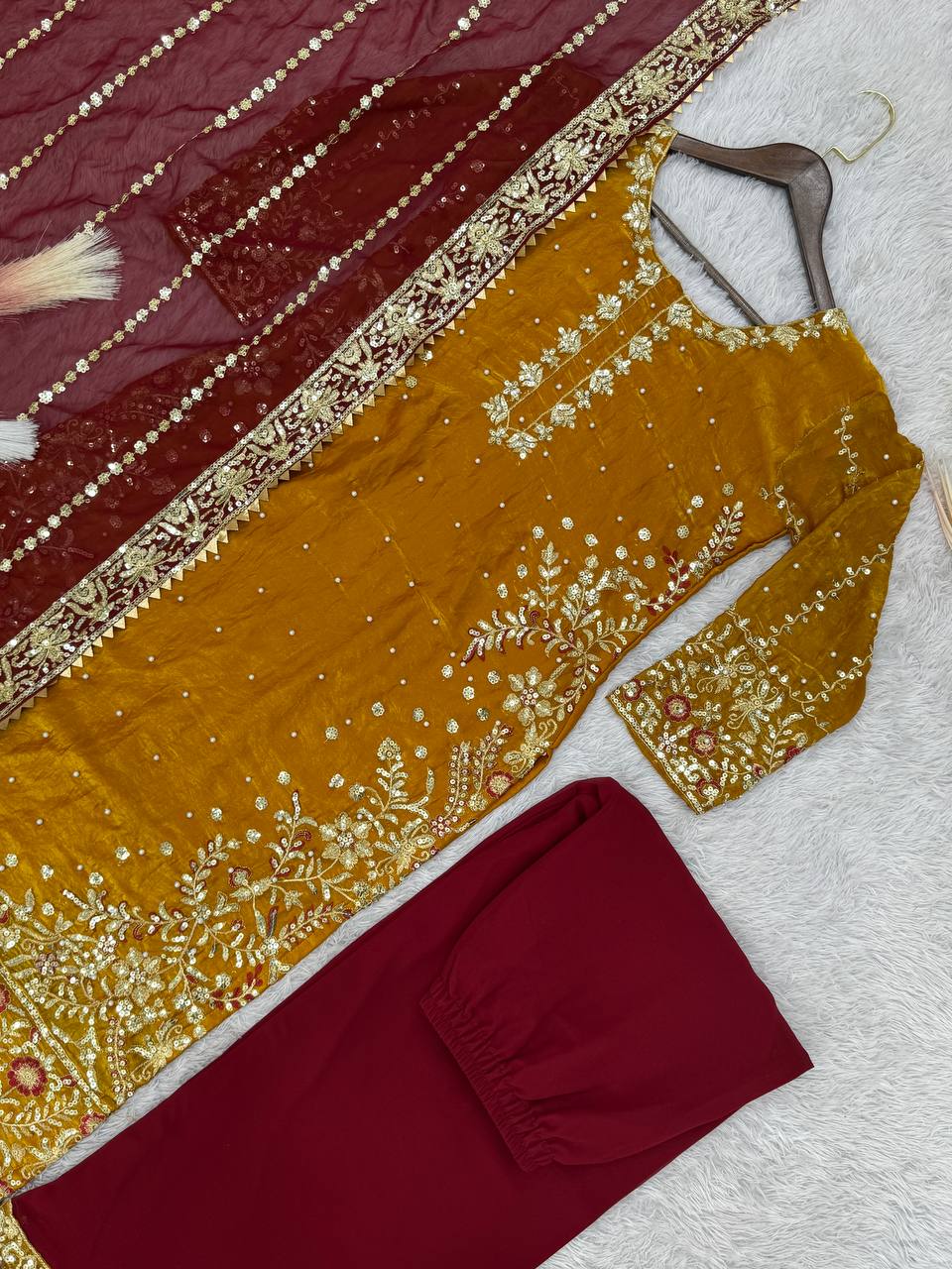 Exclusive Mustard Color Heavy Frendy Silk Beautiful Embroidery And Sequence Work Palazzo Suit