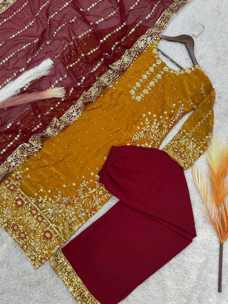 Exclusive Mustard Color Heavy Frendy Silk Beautiful Embroidery And Sequence Work Palazzo Suit