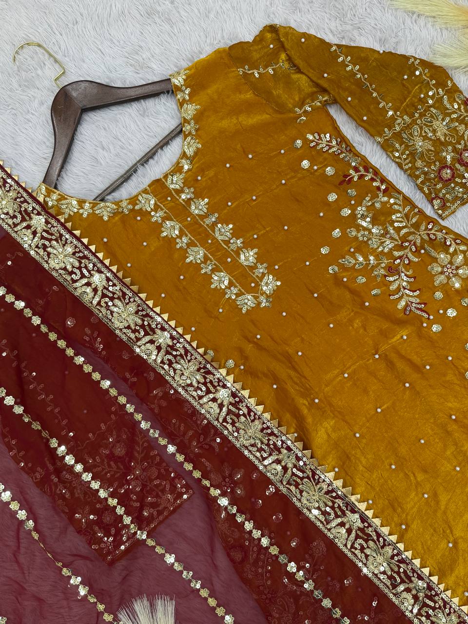 Exclusive Mustard Color Heavy Frendy Silk Beautiful Embroidery And Sequence Work Palazzo Suit