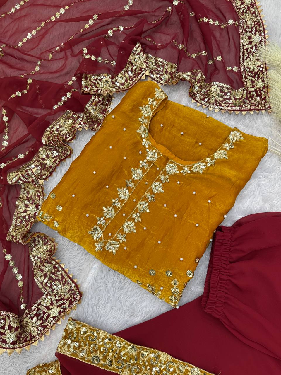 Exclusive Mustard Color Heavy Frendy Silk Beautiful Embroidery And Sequence Work Palazzo Suit