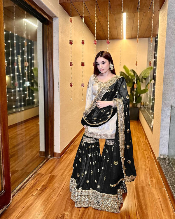 Party Wear Black Color Heavy Chinon With Embroidered Sequence Work Designer Sharara Suit