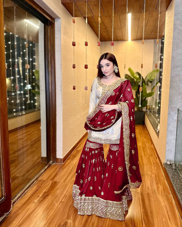 Ceremony Wear Maroon Color Heavy Chinon With Embroidered Sequence Work Designer Sharara Suit