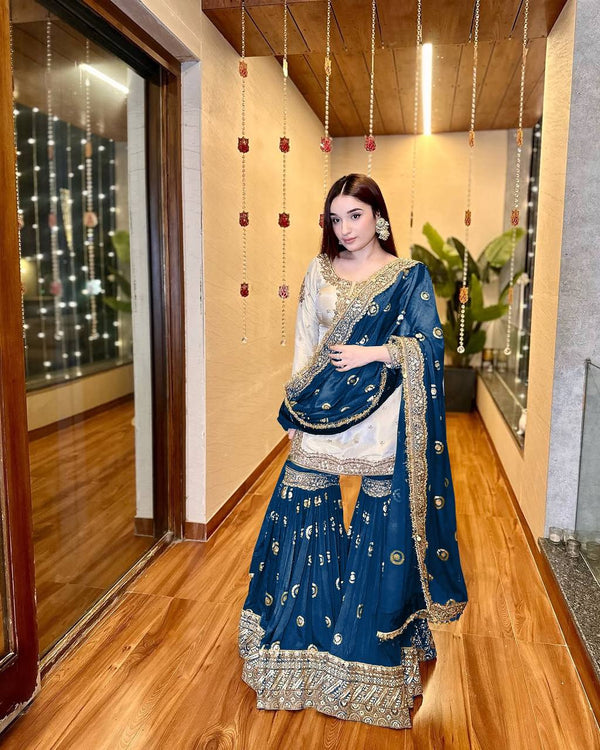 Function Wear Teal Color Heavy Chinon With Embroidered Sequence Work Designer Sharara Suit