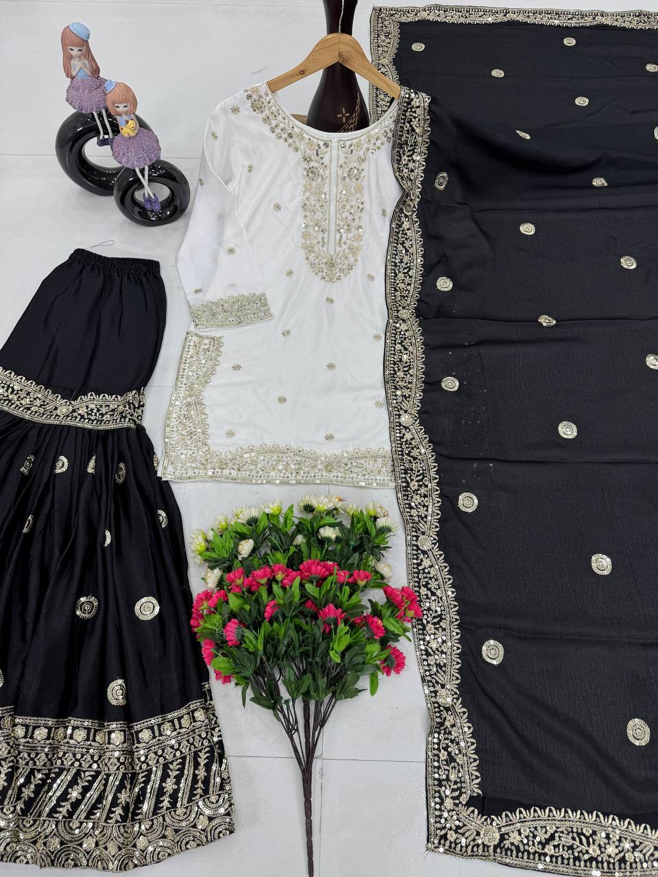 Party Wear Black Color Heavy Chinon With Embroidered Sequence Work Designer Sharara Suit