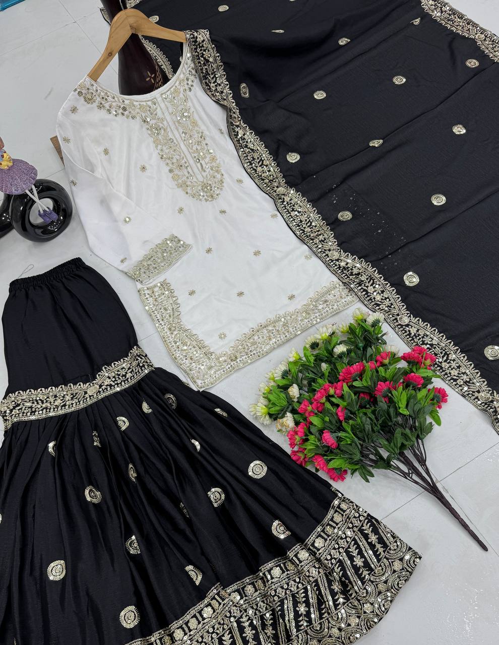 Party Wear Black Color Heavy Chinon With Embroidered Sequence Work Designer Sharara Suit