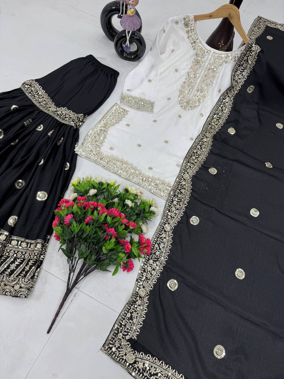 Party Wear Black Color Heavy Chinon With Embroidered Sequence Work Designer Sharara Suit