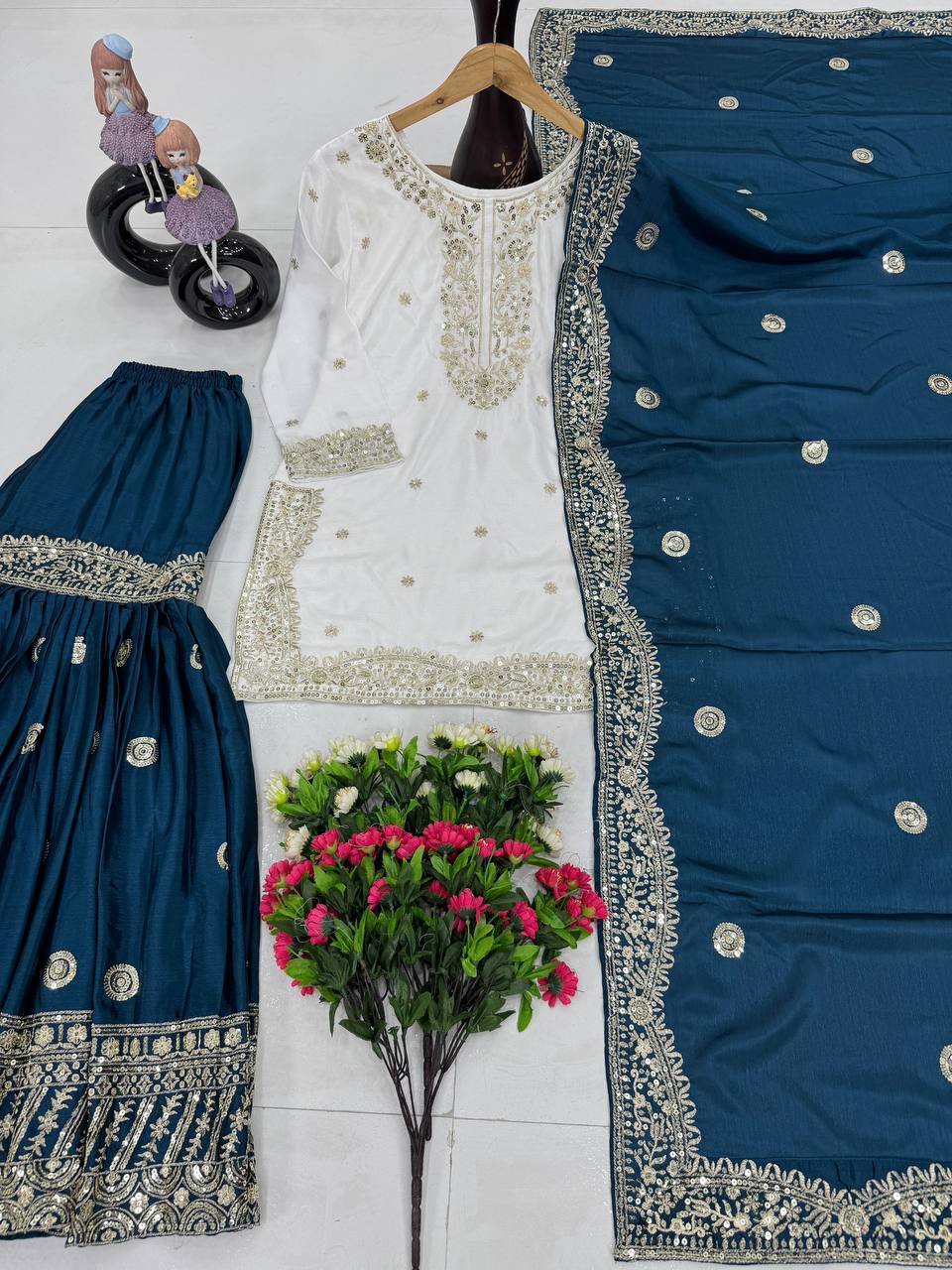 Function Wear Teal Color Heavy Chinon With Embroidered Sequence Work Designer Sharara Suit