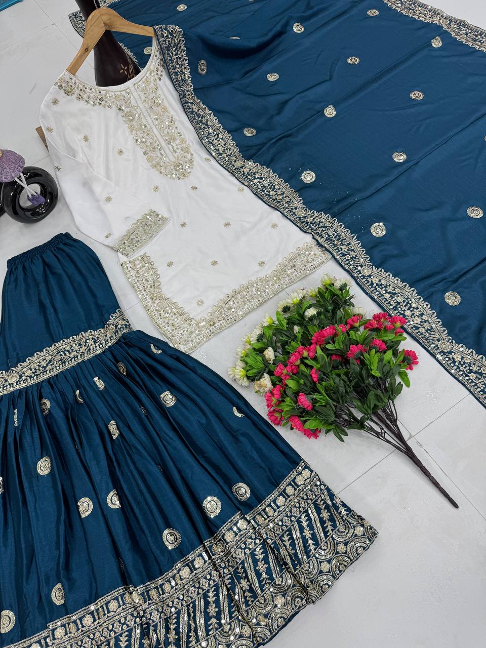 Function Wear Teal Color Heavy Chinon With Embroidered Sequence Work Designer Sharara Suit