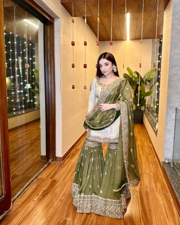 Wedding Wear Mahendi Green Color Heavy Chinon With Embroidered Sequence Work Designer Sharara Suit