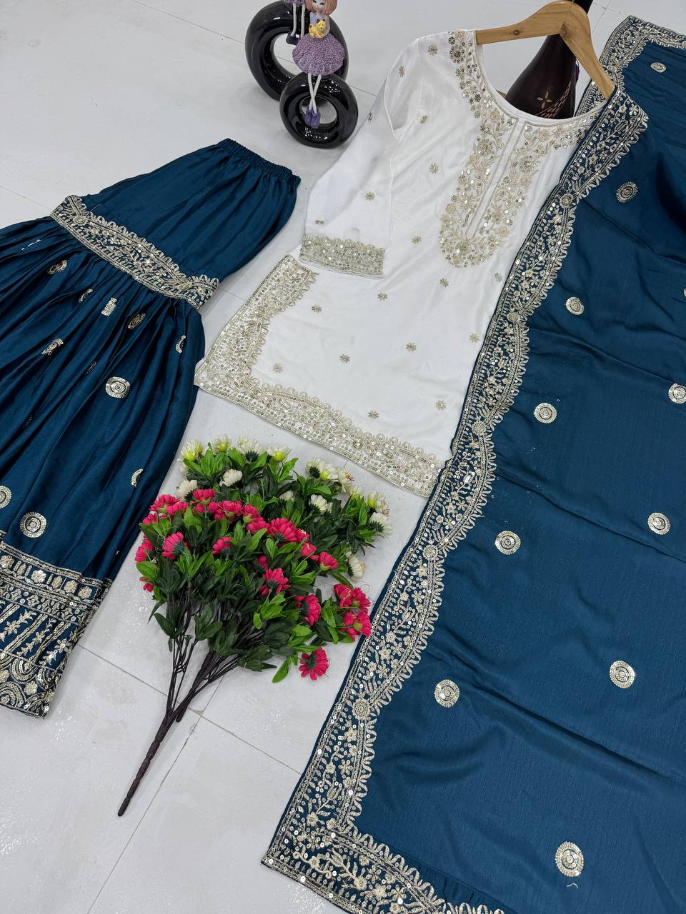 Function Wear Teal Color Heavy Chinon With Embroidered Sequence Work Designer Sharara Suit