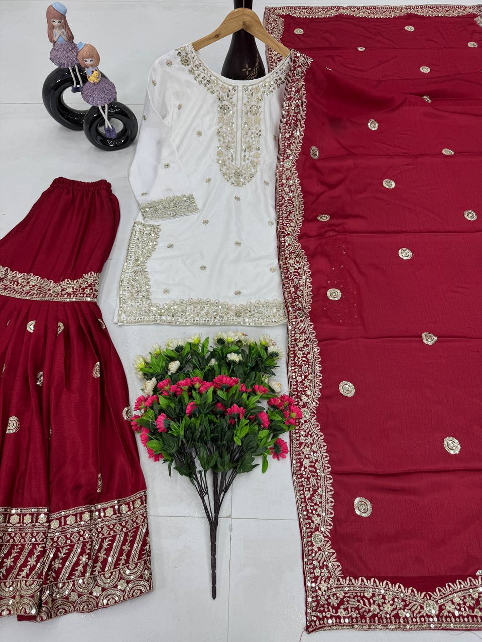 Ceremony Wear Maroon Color Heavy Chinon With Embroidered Sequence Work Designer Sharara Suit