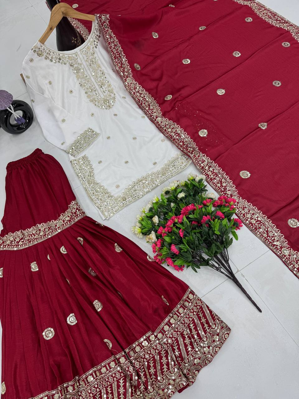 Ceremony Wear Maroon Color Heavy Chinon With Embroidered Sequence Work Designer Sharara Suit