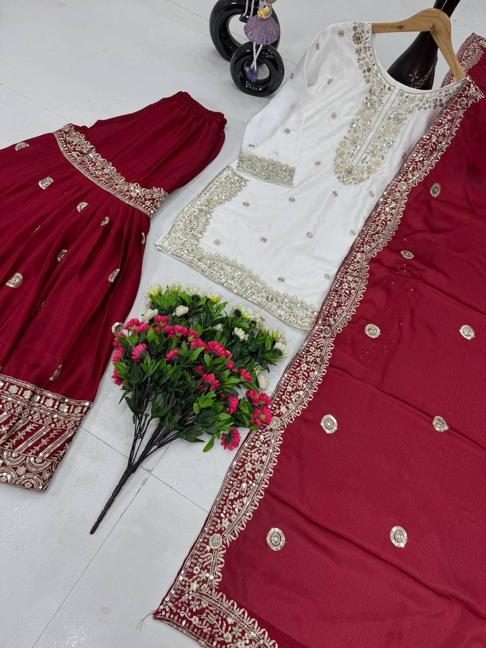 Ceremony Wear Maroon Color Heavy Chinon With Embroidered Sequence Work Designer Sharara Suit