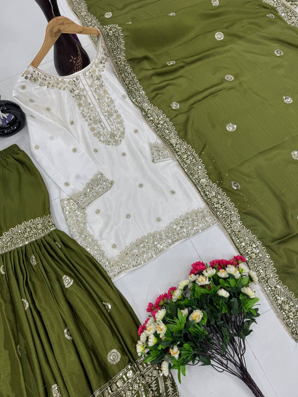 Wedding Wear Mahendi Green Color Heavy Chinon With Embroidered Sequence Work Designer Sharara Suit