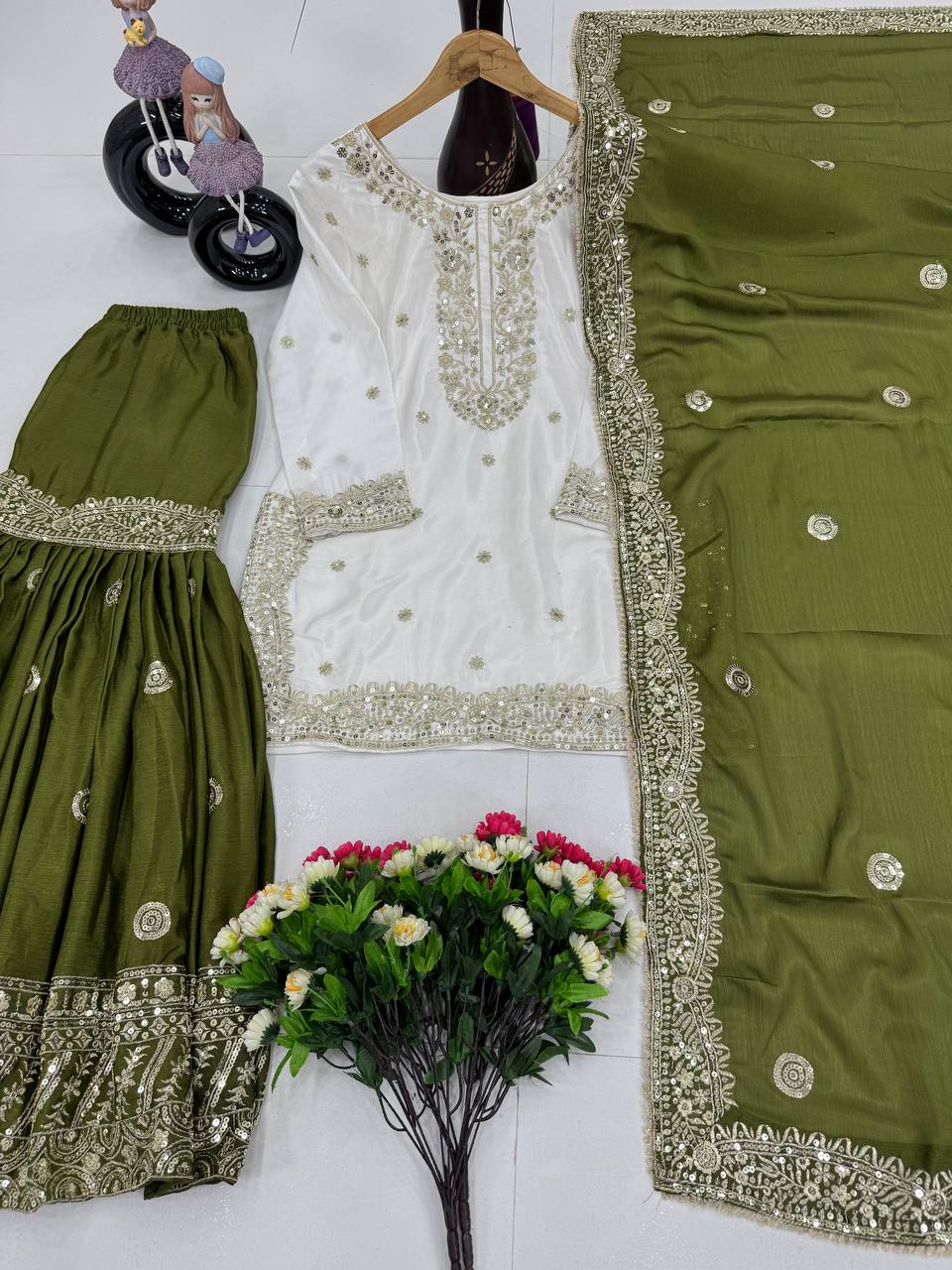 Wedding Wear Mahendi Green Color Heavy Chinon With Embroidered Sequence Work Designer Sharara Suit
