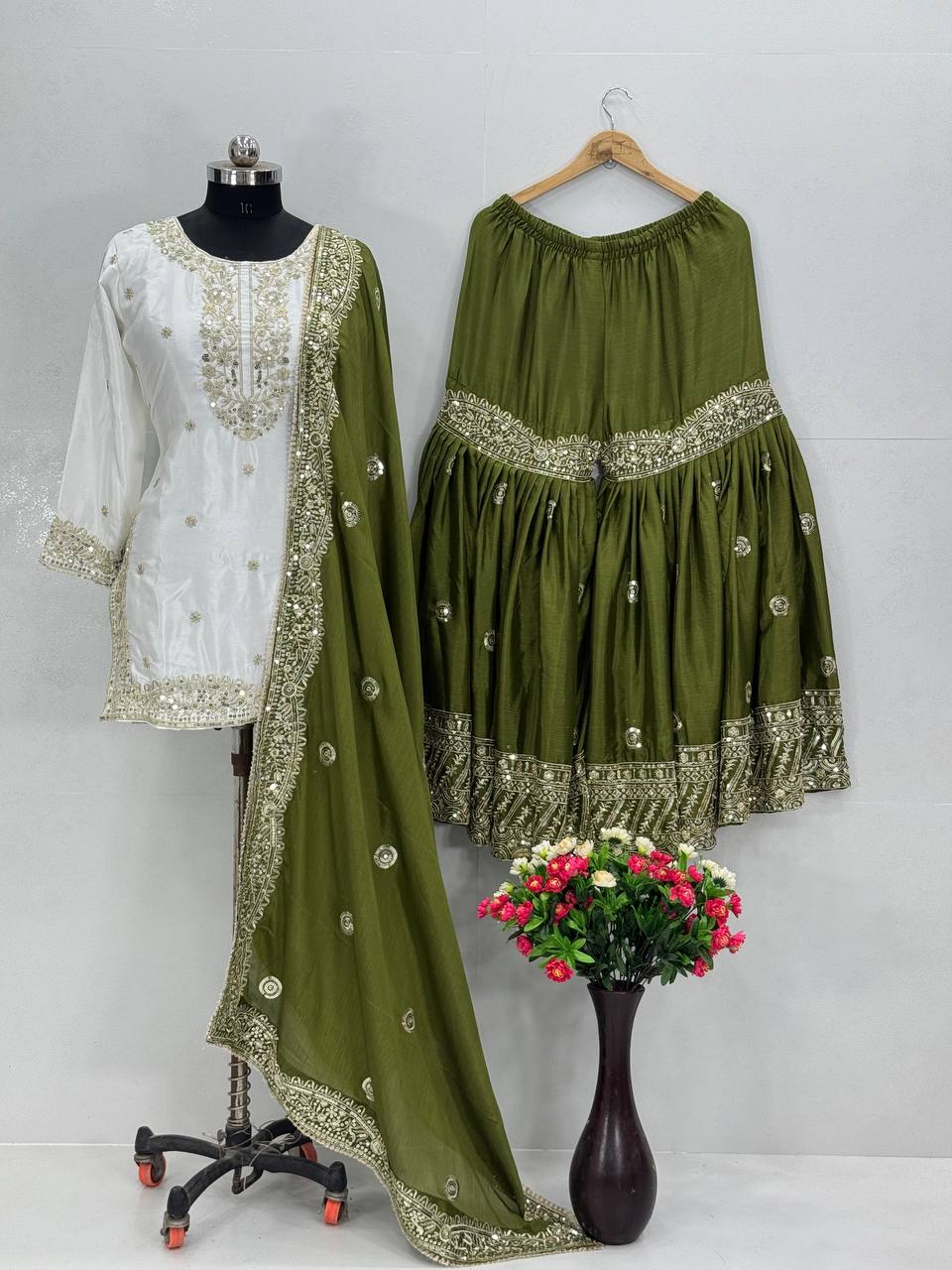 Wedding Wear Mahendi Green Color Heavy Chinon With Embroidered Sequence Work Designer Sharara Suit