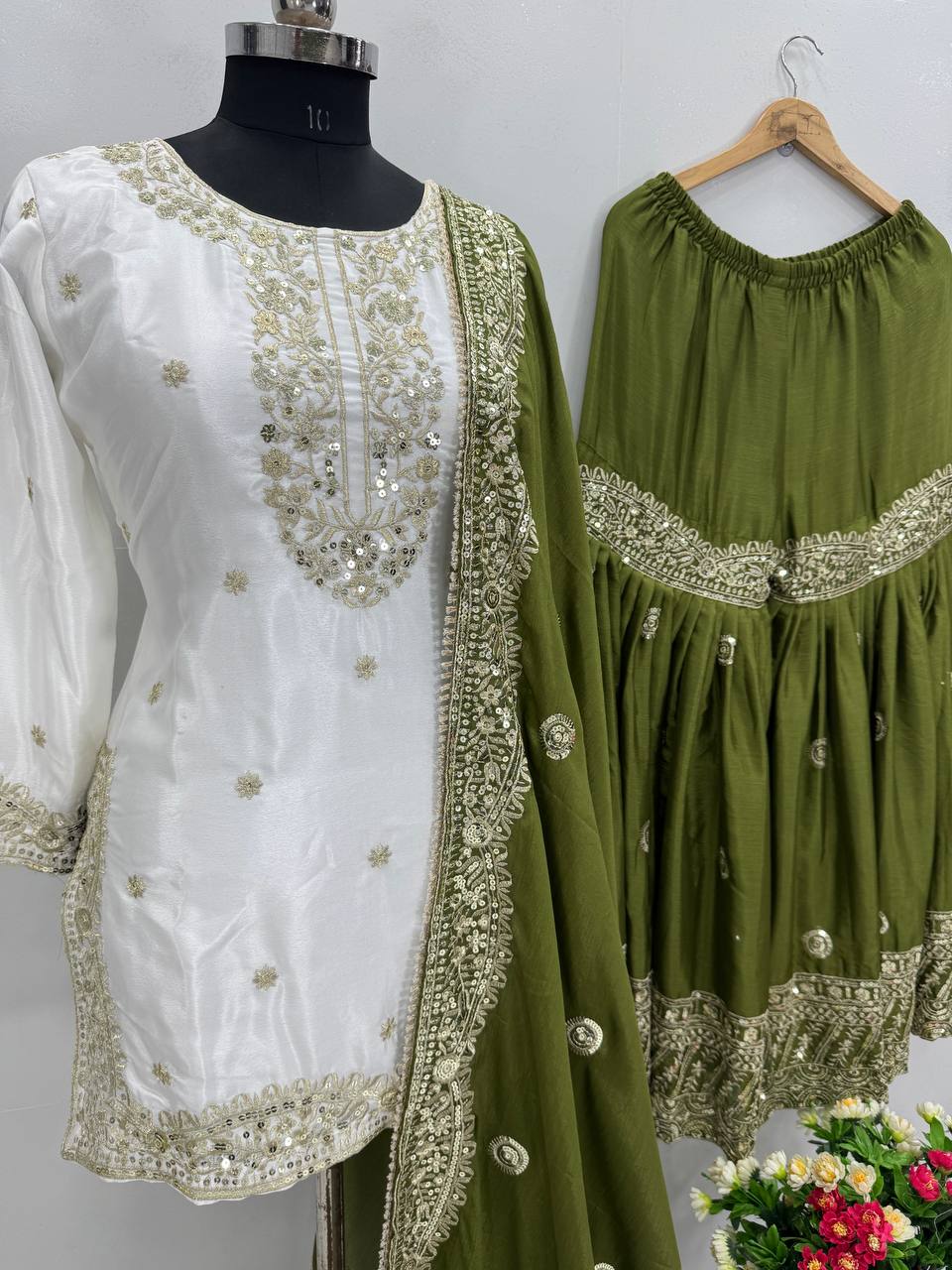Wedding Wear Mahendi Green Color Heavy Chinon With Embroidered Sequence Work Designer Sharara Suit