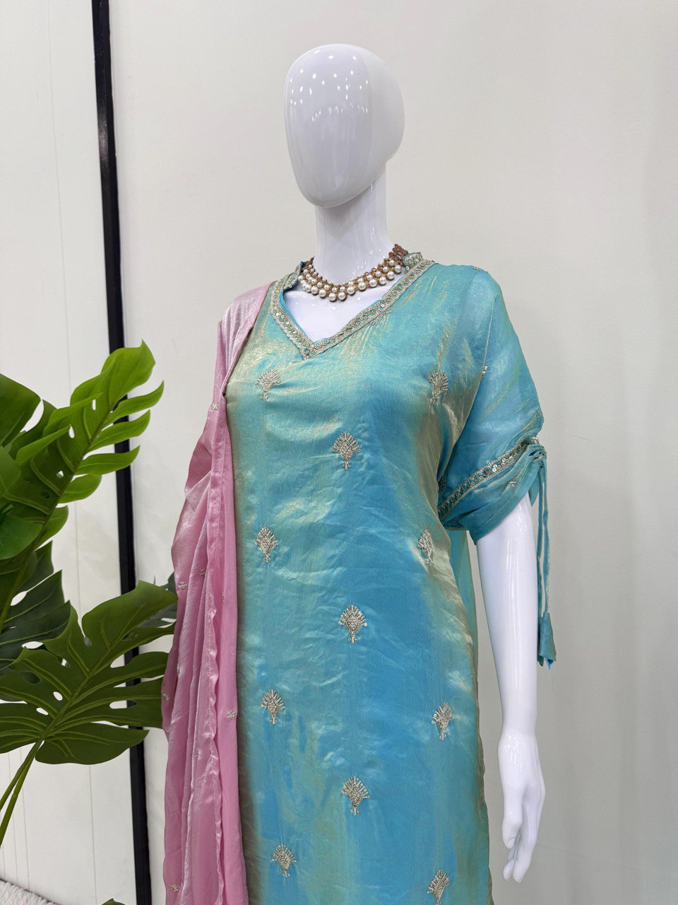 Demanding Sky Blue Color Japan Satin With Embroidery Work Salwar Suit WIth Kaftan