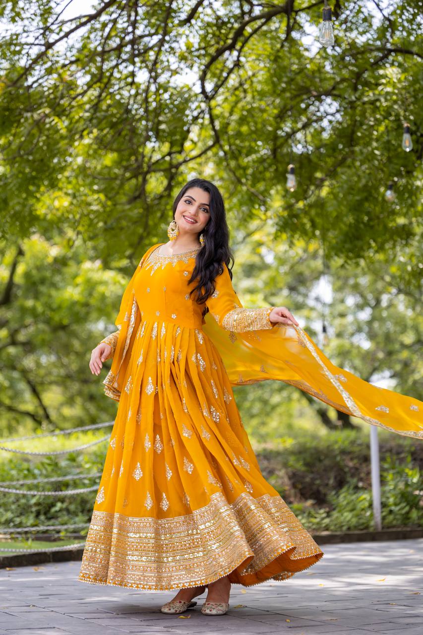 Function Wear Yellow Faux Georgette With Full Heavy Embroidery Sequence Work Gown