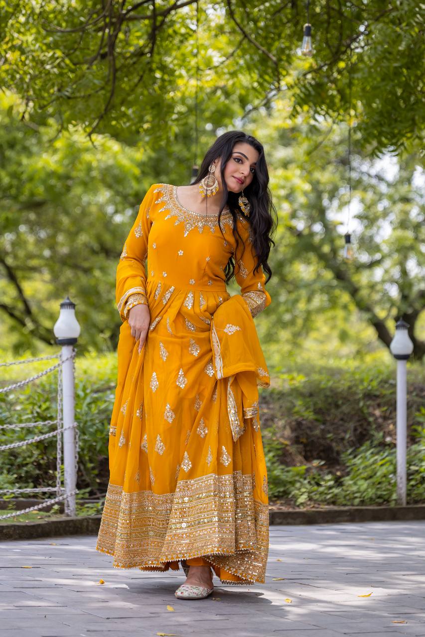 Function Wear Yellow Faux Georgette With Full Heavy Embroidery Sequence Work Gown