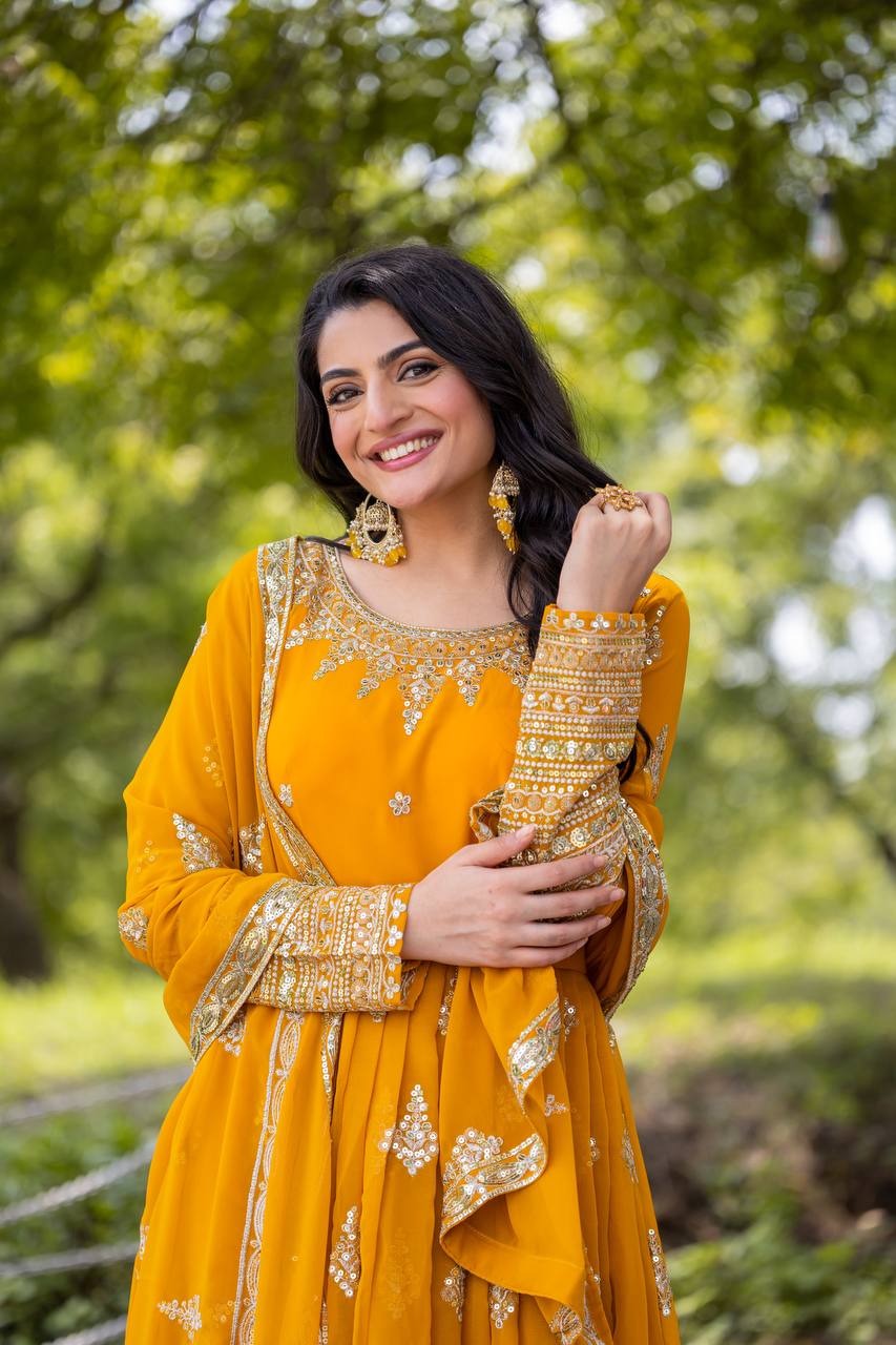 Function Wear Yellow Faux Georgette With Full Heavy Embroidery Sequence Work Gown