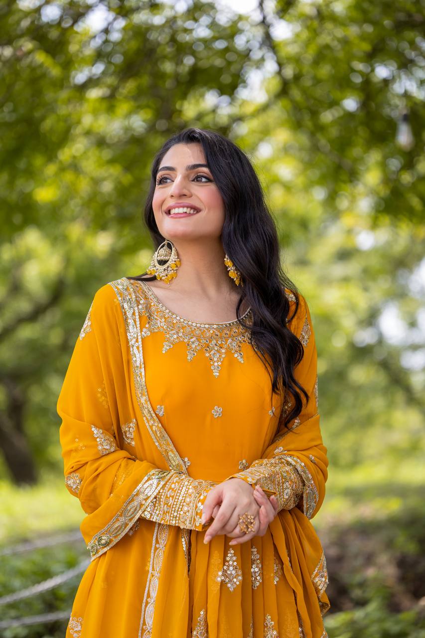 Function Wear Yellow Faux Georgette With Full Heavy Embroidery Sequence Work Gown