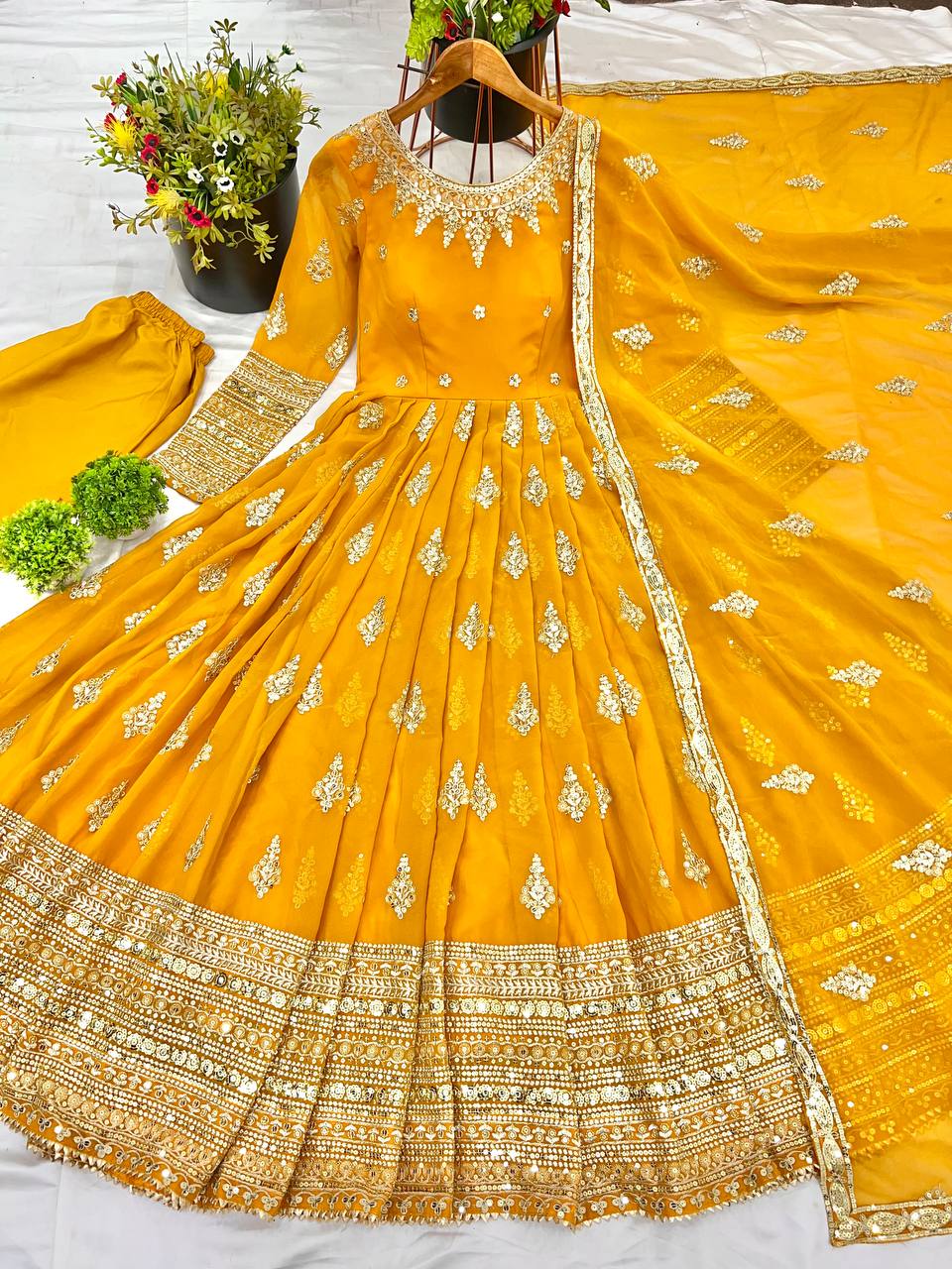 Function Wear Yellow Faux Georgette With Full Heavy Embroidery Sequence Work Gown