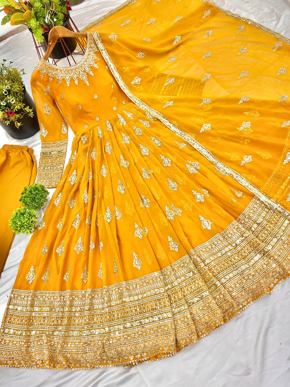 Function Wear Yellow Faux Georgette With Full Heavy Embroidery Sequence Work Gown