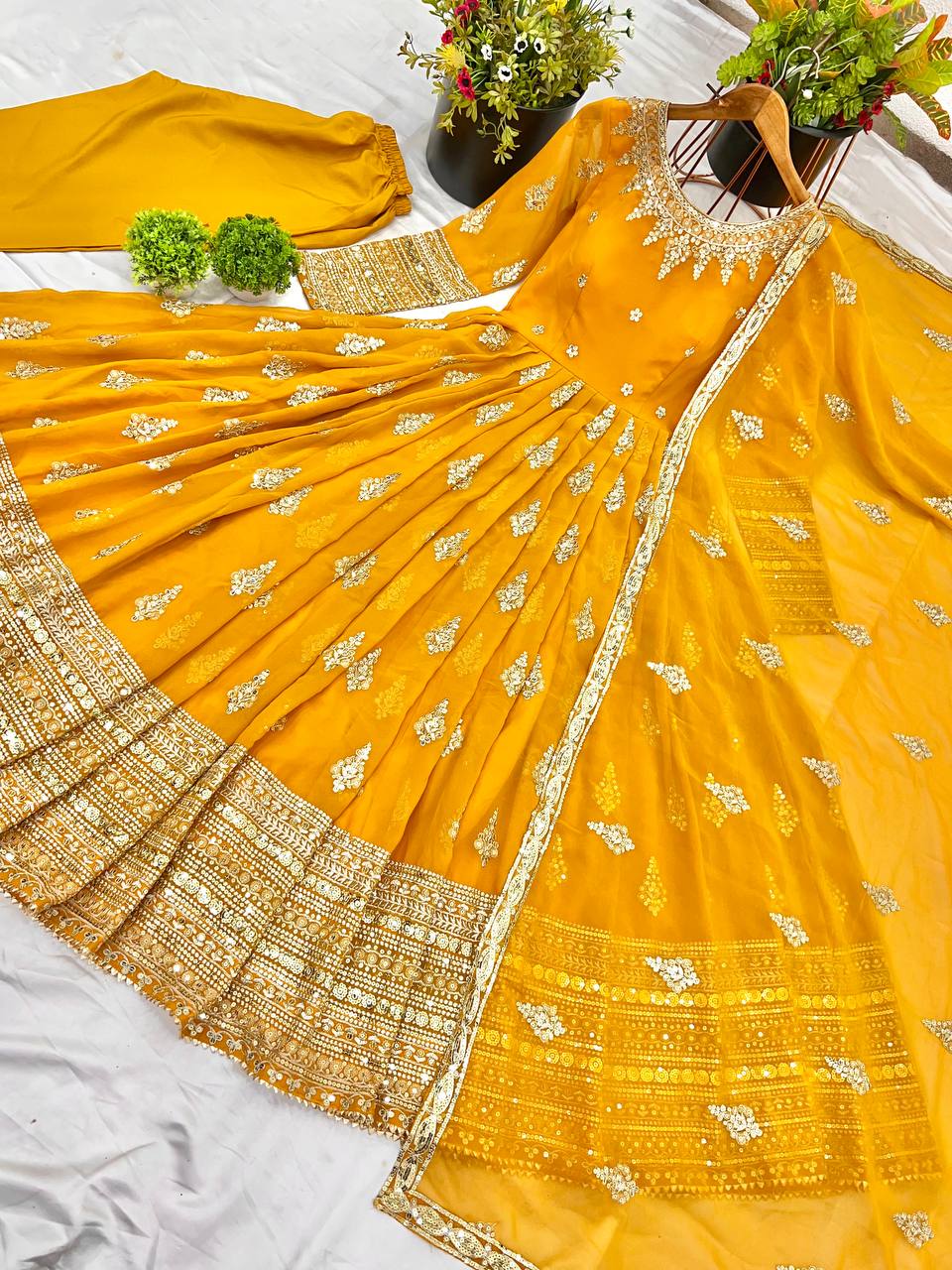 Function Wear Yellow Faux Georgette With Full Heavy Embroidery Sequence Work Gown