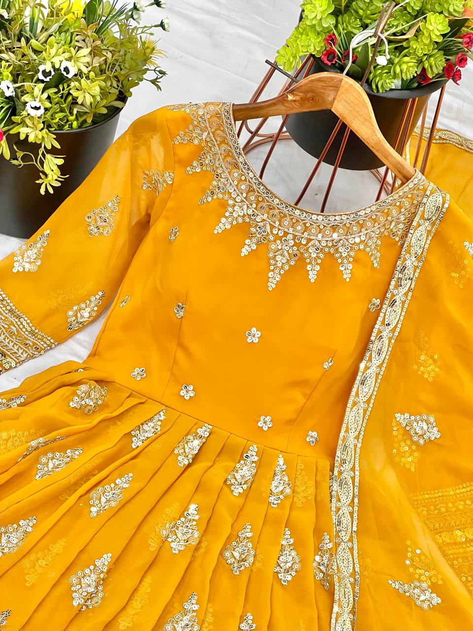 Function Wear Yellow Faux Georgette With Full Heavy Embroidery Sequence Work Gown