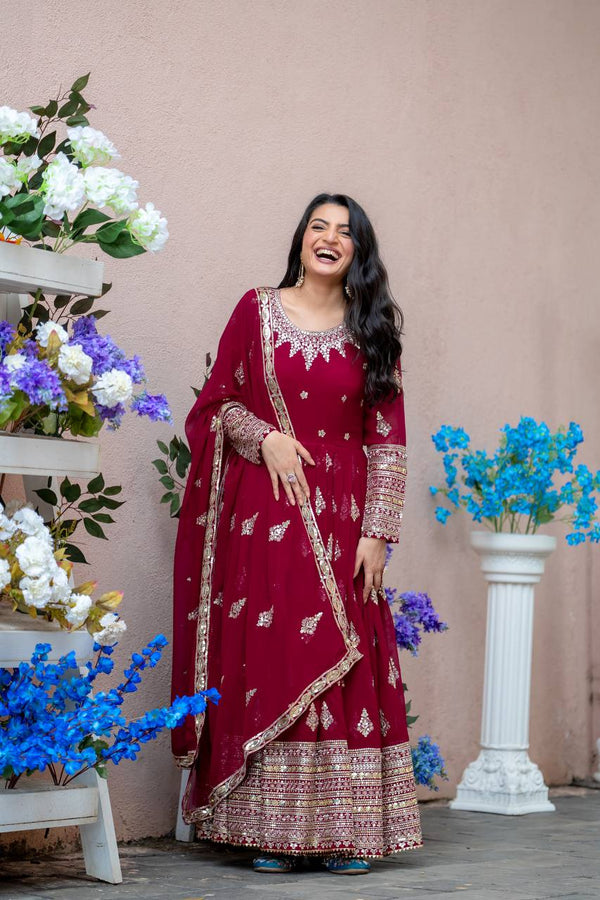 Function Wear Maroon Faux Georgette With Full Heavy Embroidery Sequence Work Gown