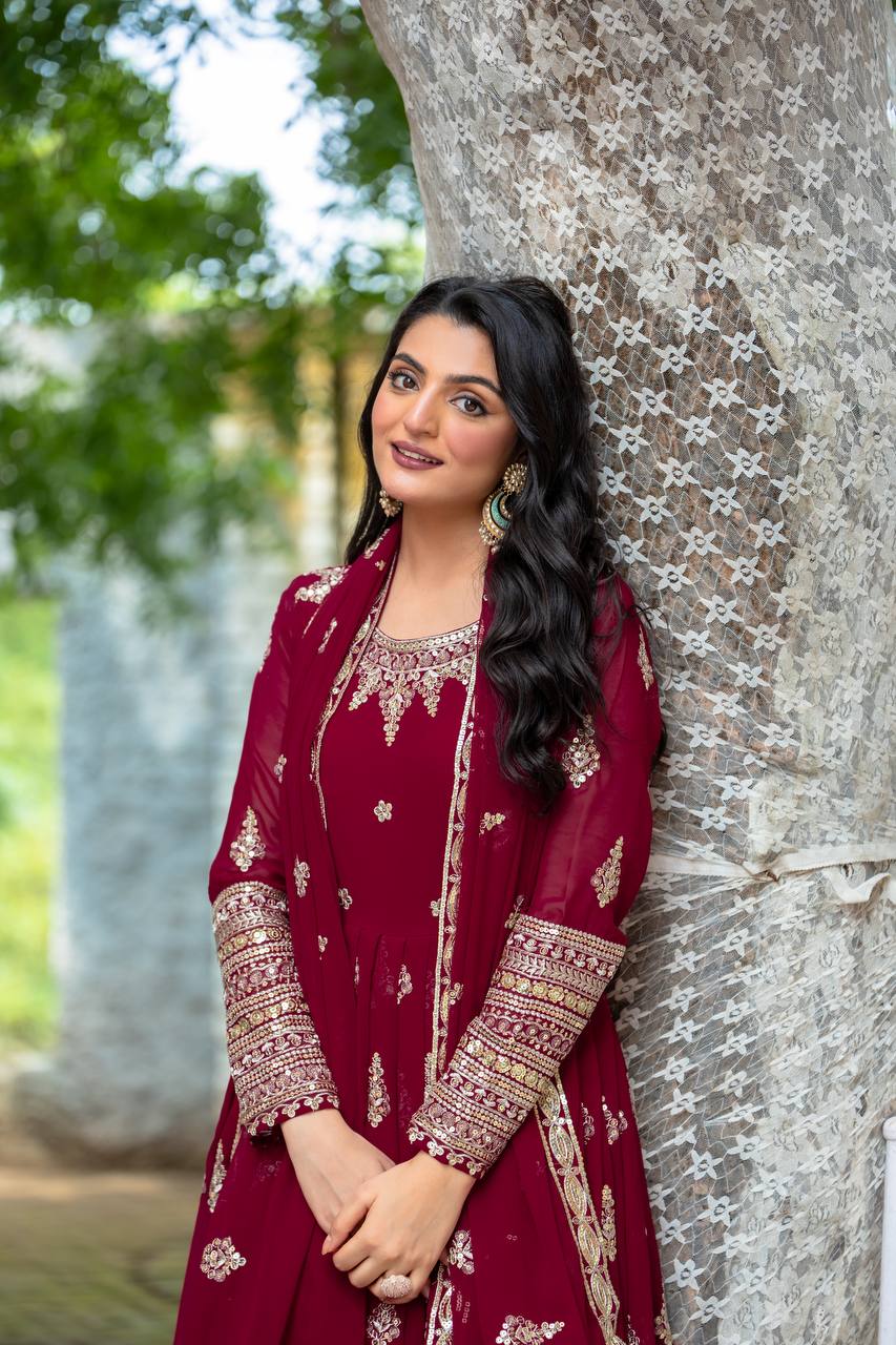 Function Wear Maroon Faux Georgette With Full Heavy Embroidery Sequence Work Gown