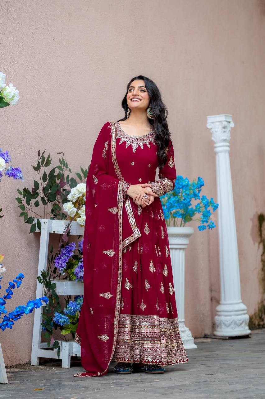 Function Wear Maroon Faux Georgette With Full Heavy Embroidery Sequence Work Gown