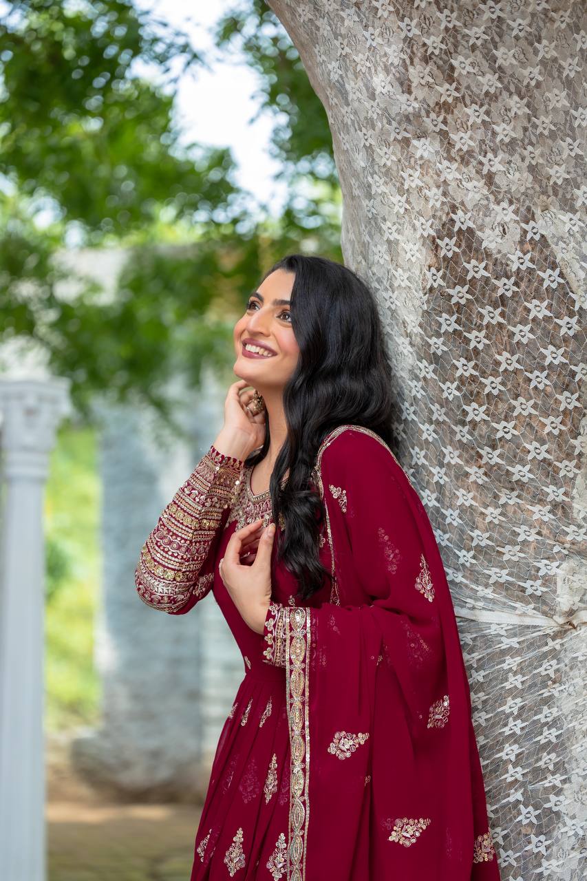 Function Wear Maroon Faux Georgette With Full Heavy Embroidery Sequence Work Gown