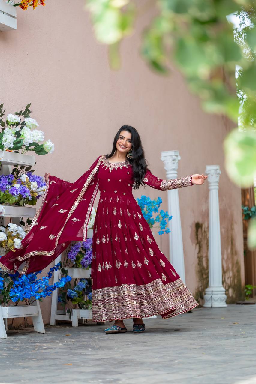 Function Wear Maroon Faux Georgette With Full Heavy Embroidery Sequence Work Gown