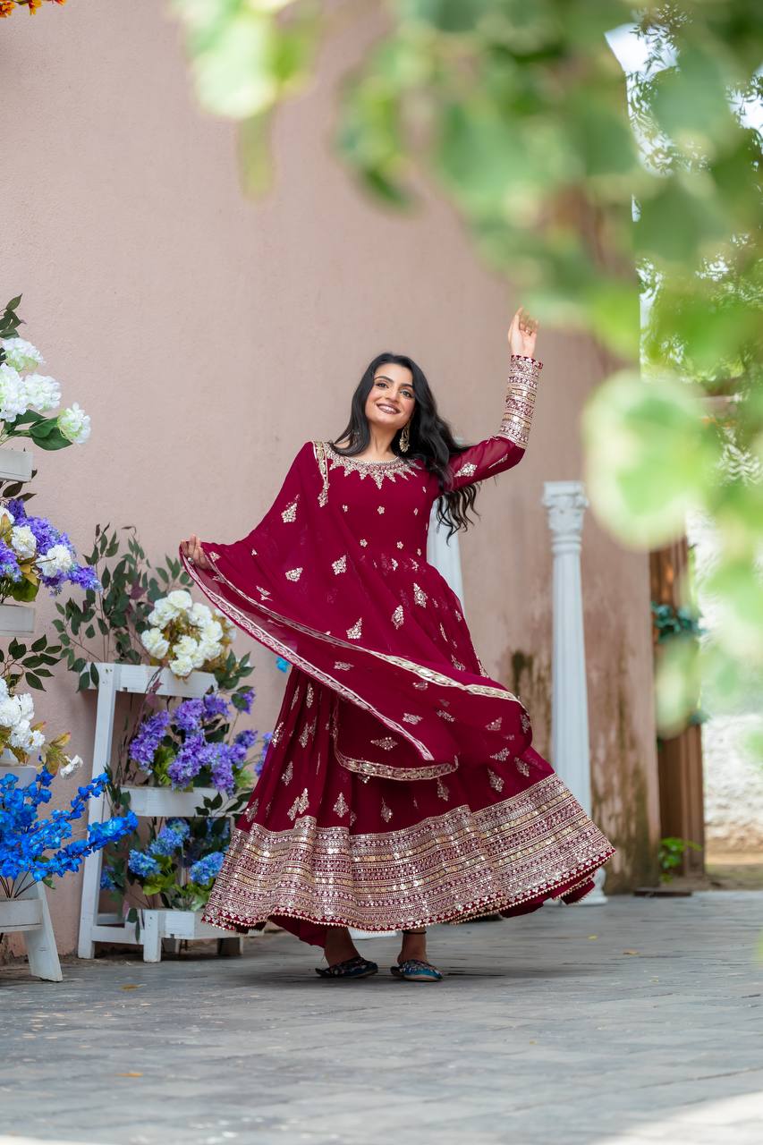 Function Wear Maroon Faux Georgette With Full Heavy Embroidery Sequence Work Gown