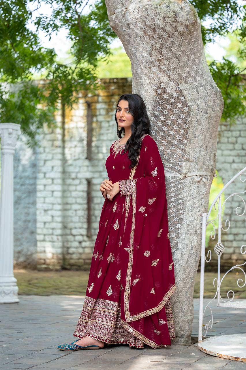 Function Wear Maroon Faux Georgette With Full Heavy Embroidery Sequence Work Gown