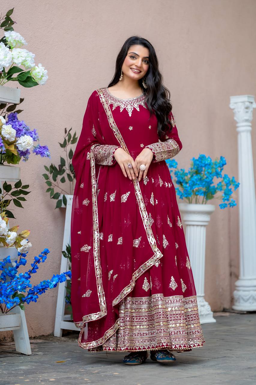 Function Wear Maroon Faux Georgette With Full Heavy Embroidery Sequence Work Gown