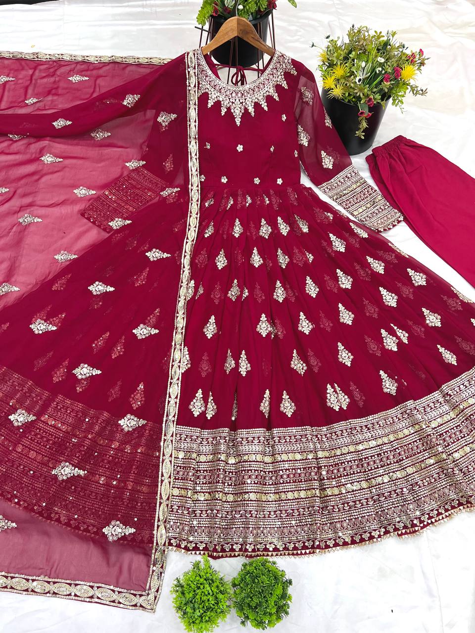 Function Wear Maroon Faux Georgette With Full Heavy Embroidery Sequence Work Gown
