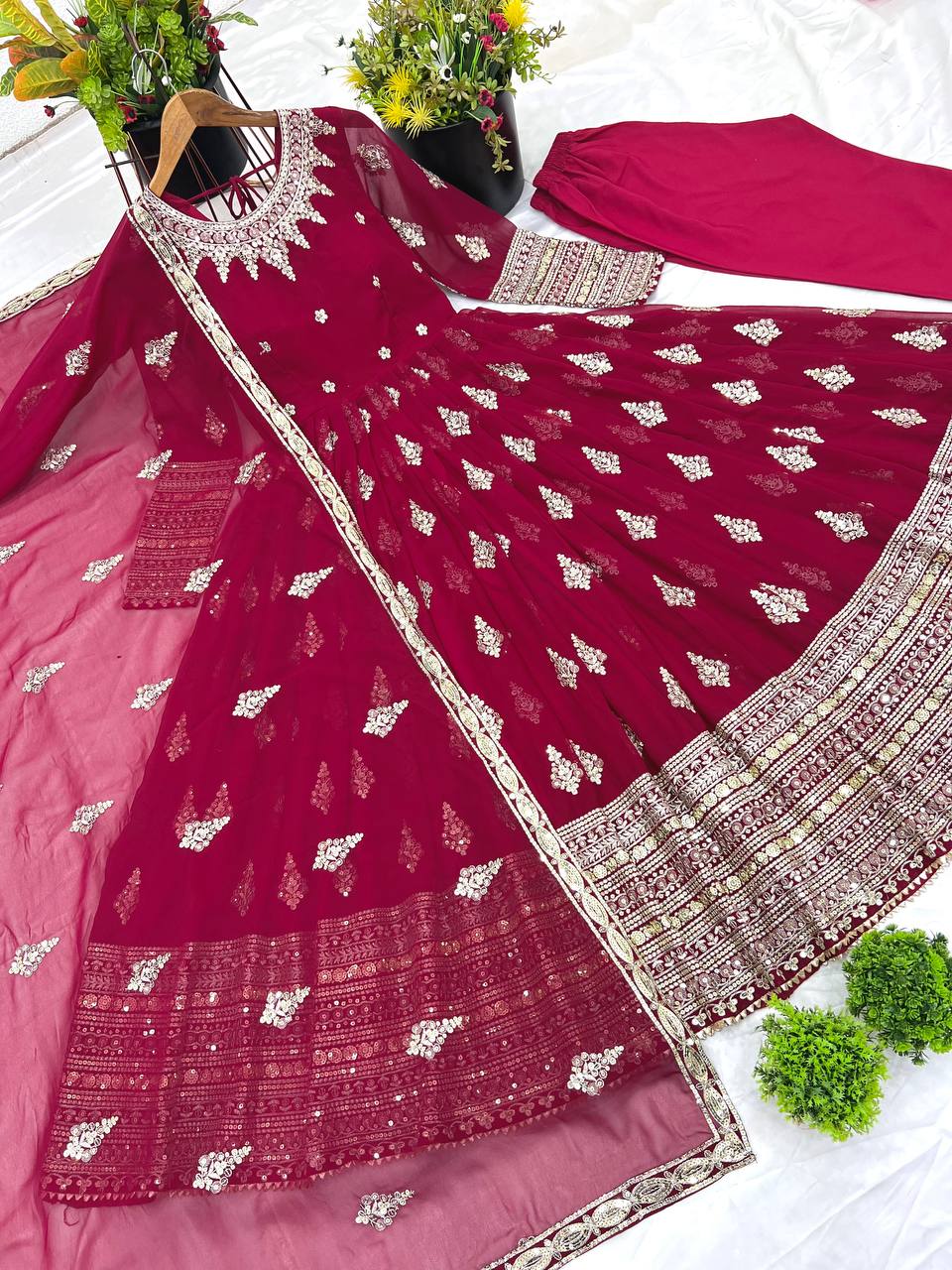 Function Wear Maroon Faux Georgette With Full Heavy Embroidery Sequence Work Gown