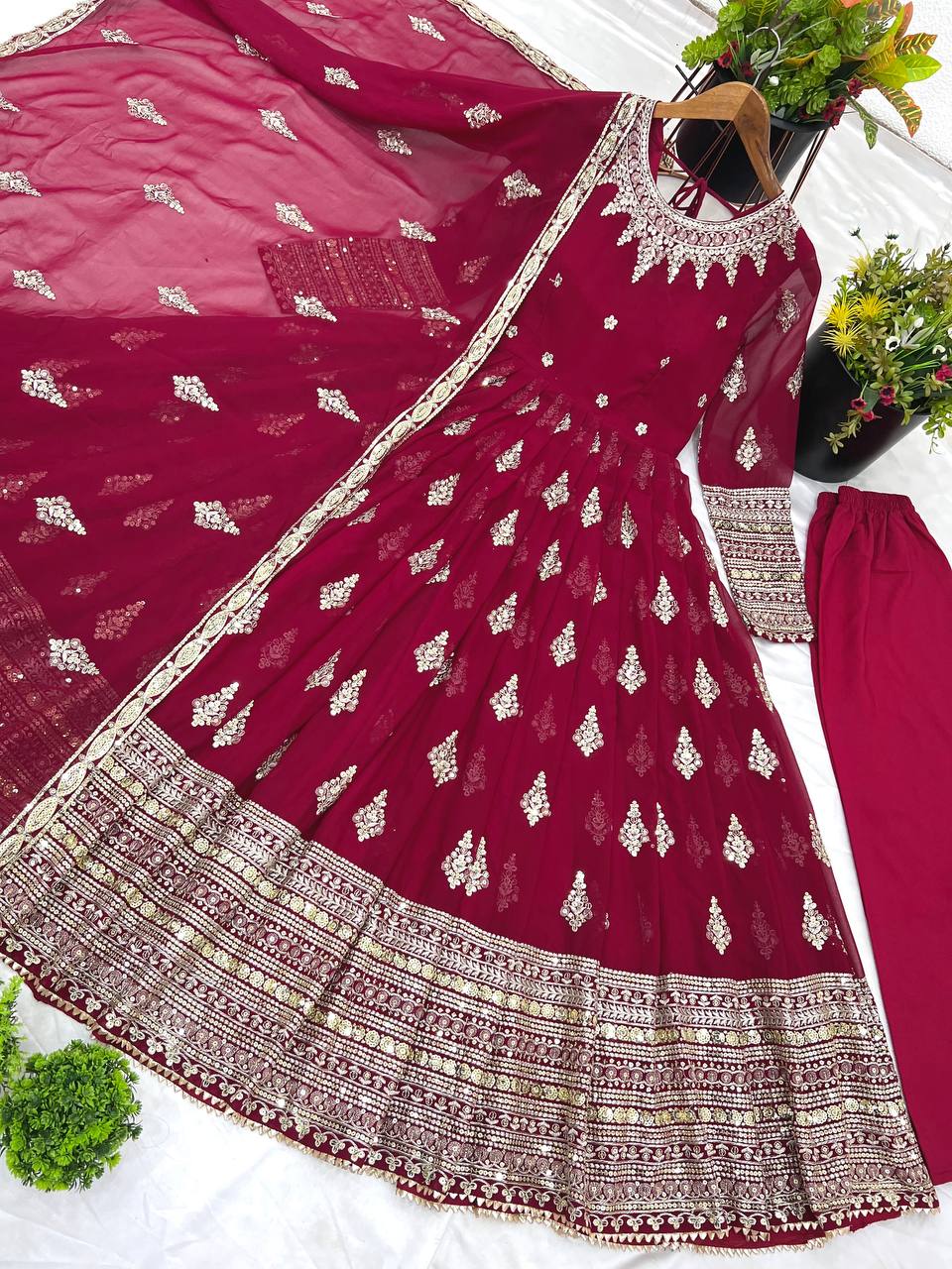 Function Wear Maroon Faux Georgette With Full Heavy Embroidery Sequence Work Gown
