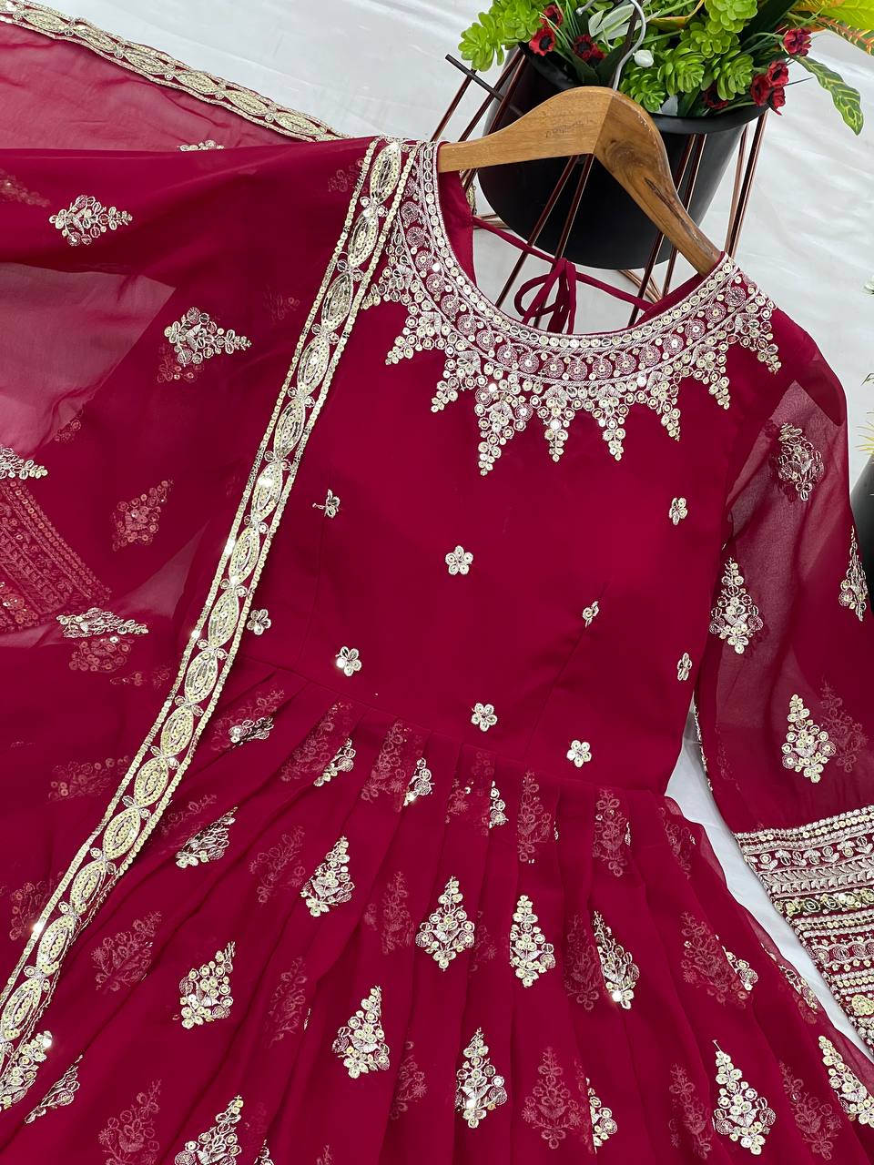 Function Wear Maroon Faux Georgette With Full Heavy Embroidery Sequence Work Gown