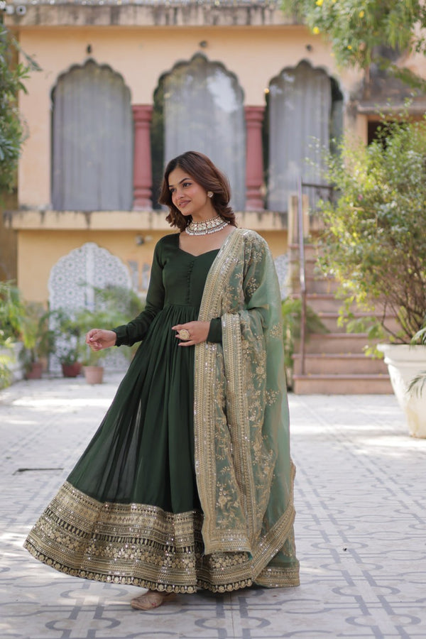 Mesmerizing Green Color Shimmer Vichitra With Rich Sequins Embroidered Work Designer Gown