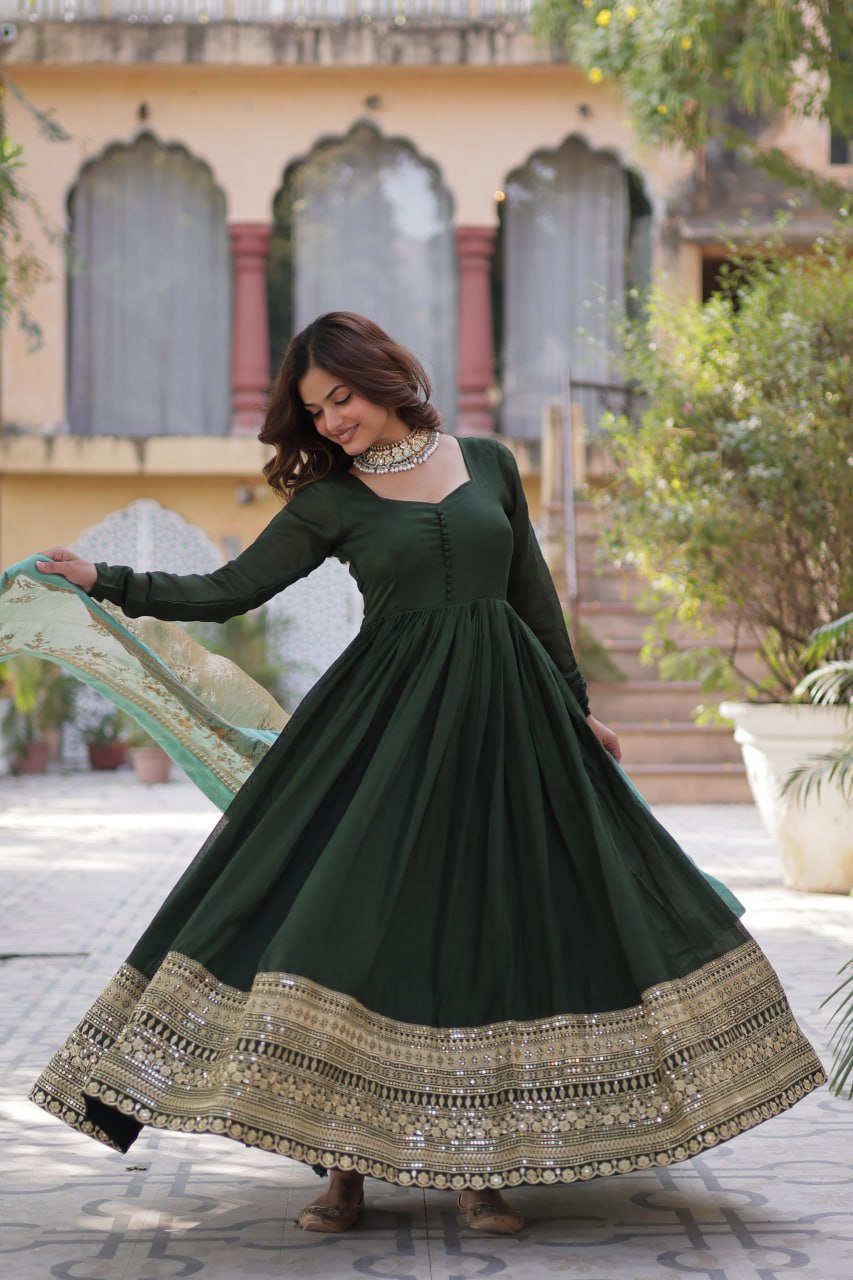 Mesmerizing Green Color Shimmer Vichitra With Rich Sequins Embroidered Work Designer Gown