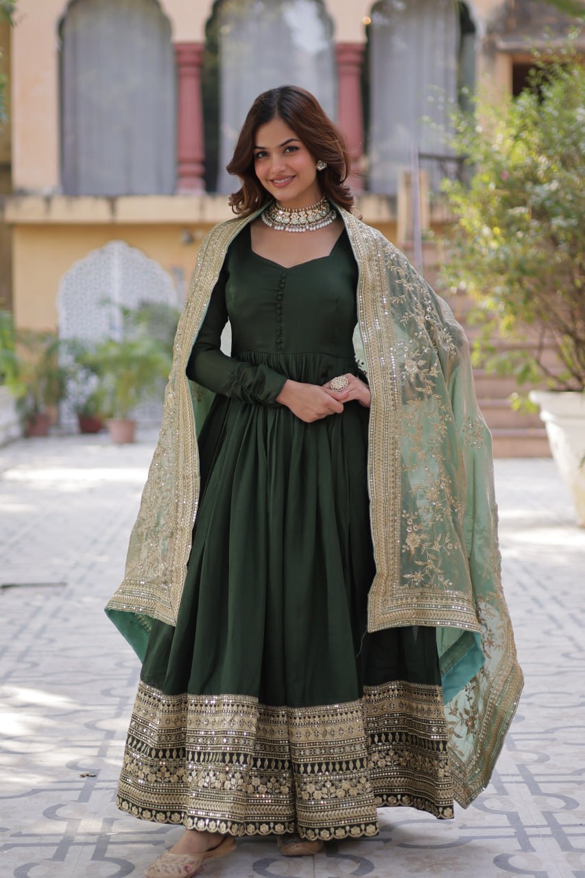 Mesmerizing Green Color Shimmer Vichitra With Rich Sequins Embroidered Work Designer Gown