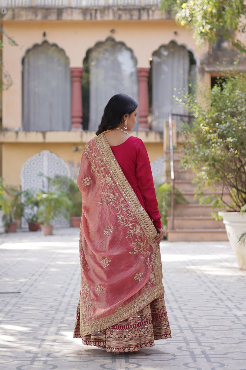 Mesmerizing Pink Color Shimmer Vichitra With Rich Sequins Embroidered Work Designer Gown