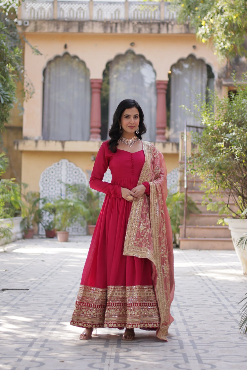 Mesmerizing Pink Color Shimmer Vichitra With Rich Sequins Embroidered Work Designer Gown