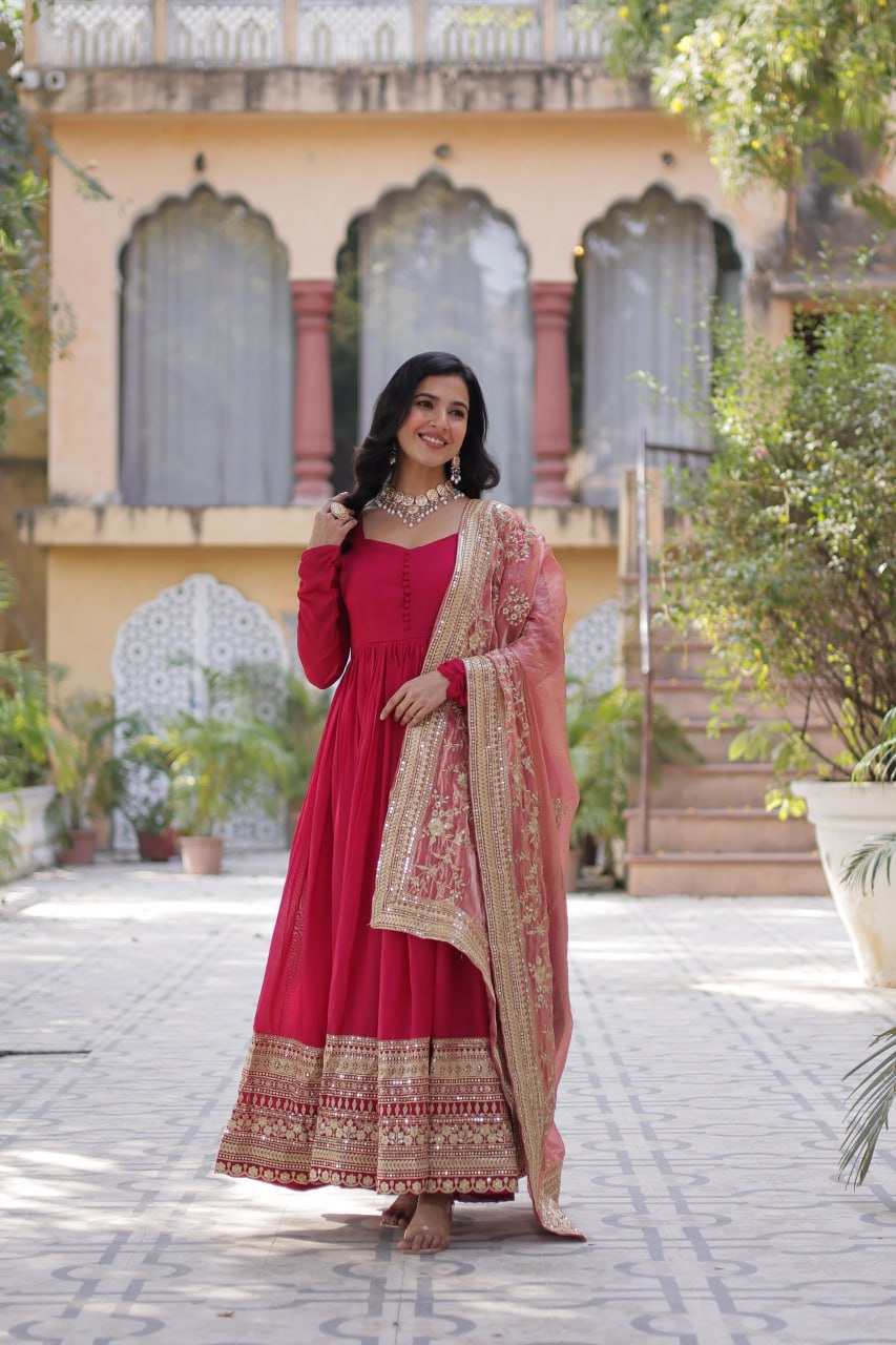 Mesmerizing Pink Color Shimmer Vichitra With Rich Sequins Embroidered Work Designer Gown